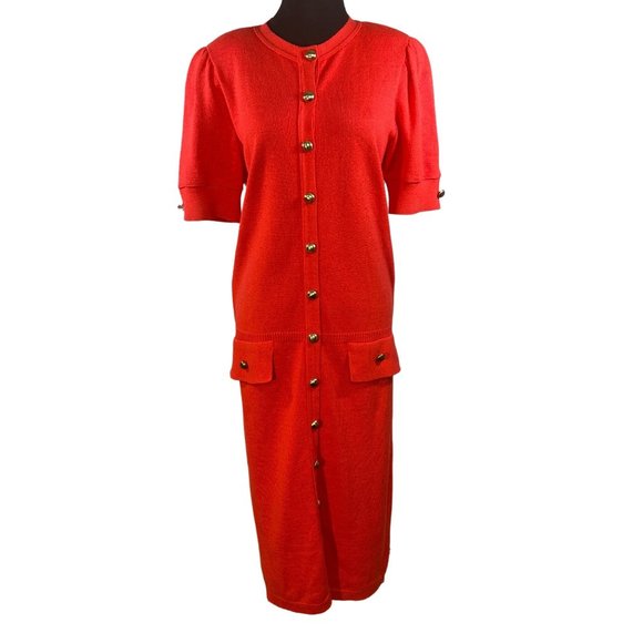 Vintage Schrader Knits Size 12 Red Sweater Dress Gold Buttons - Picture 1 of 8